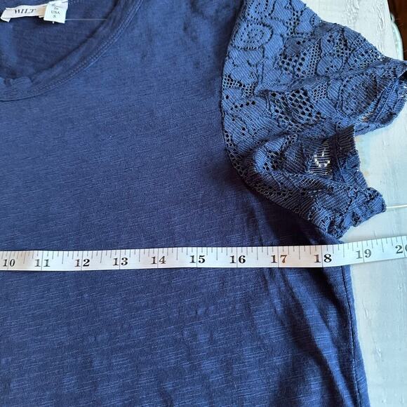 WILT Shrunken Crew Tee with Lace Sleeves Slub 100% Cotton Small Blue - Picture 9 of 12